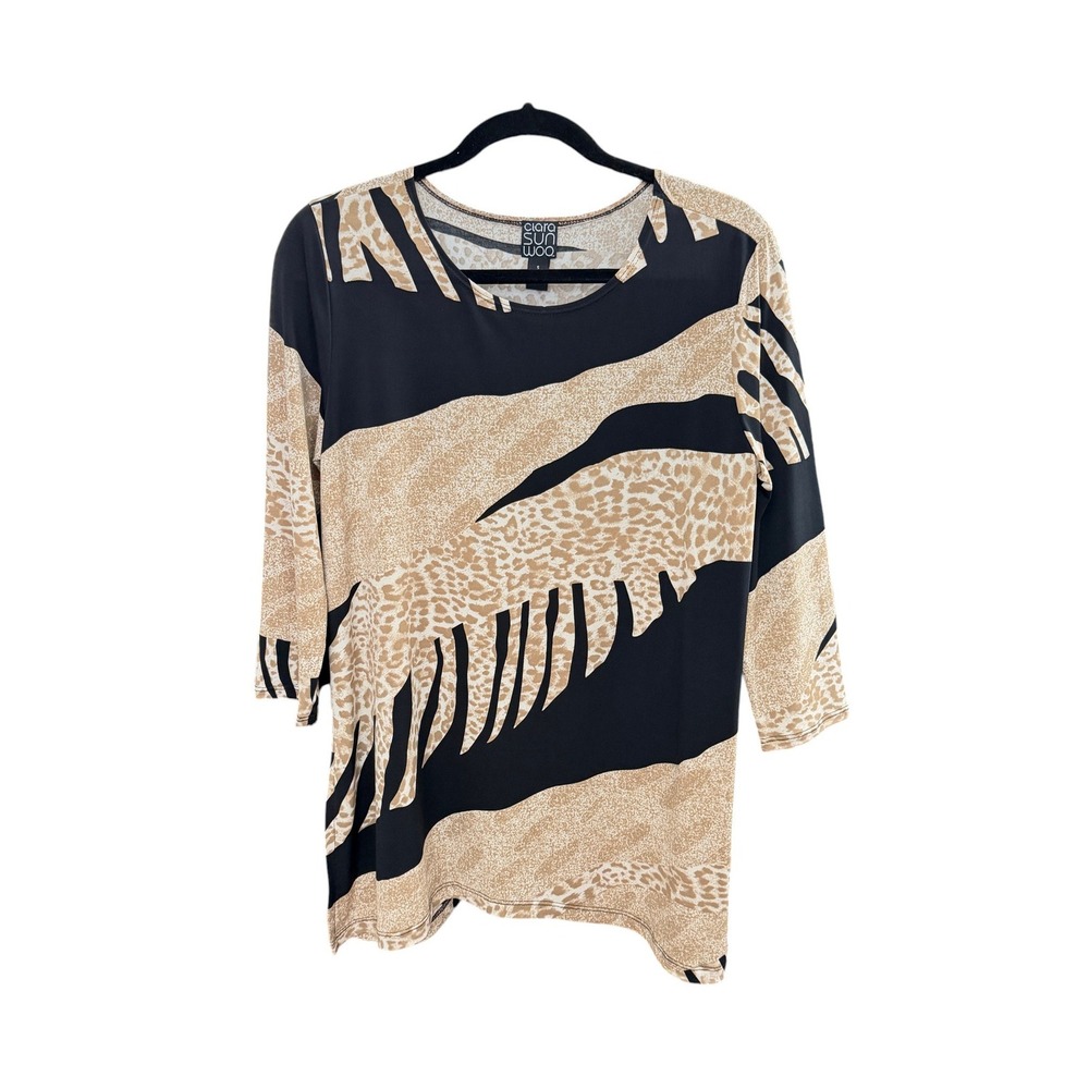 Clara Sunwoo Animal Print Abstract Tunic Top S Tan Black 3/4 Sleeve Made in USA